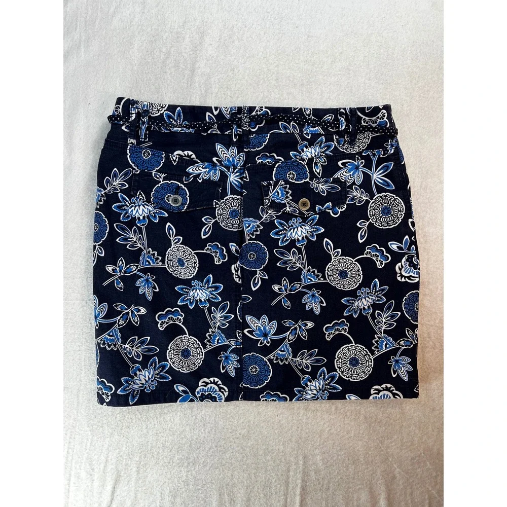 Ann Taylor LOFT‎ Navy Blue Floral Mini Skirt with Polka Dot Belt Size 8